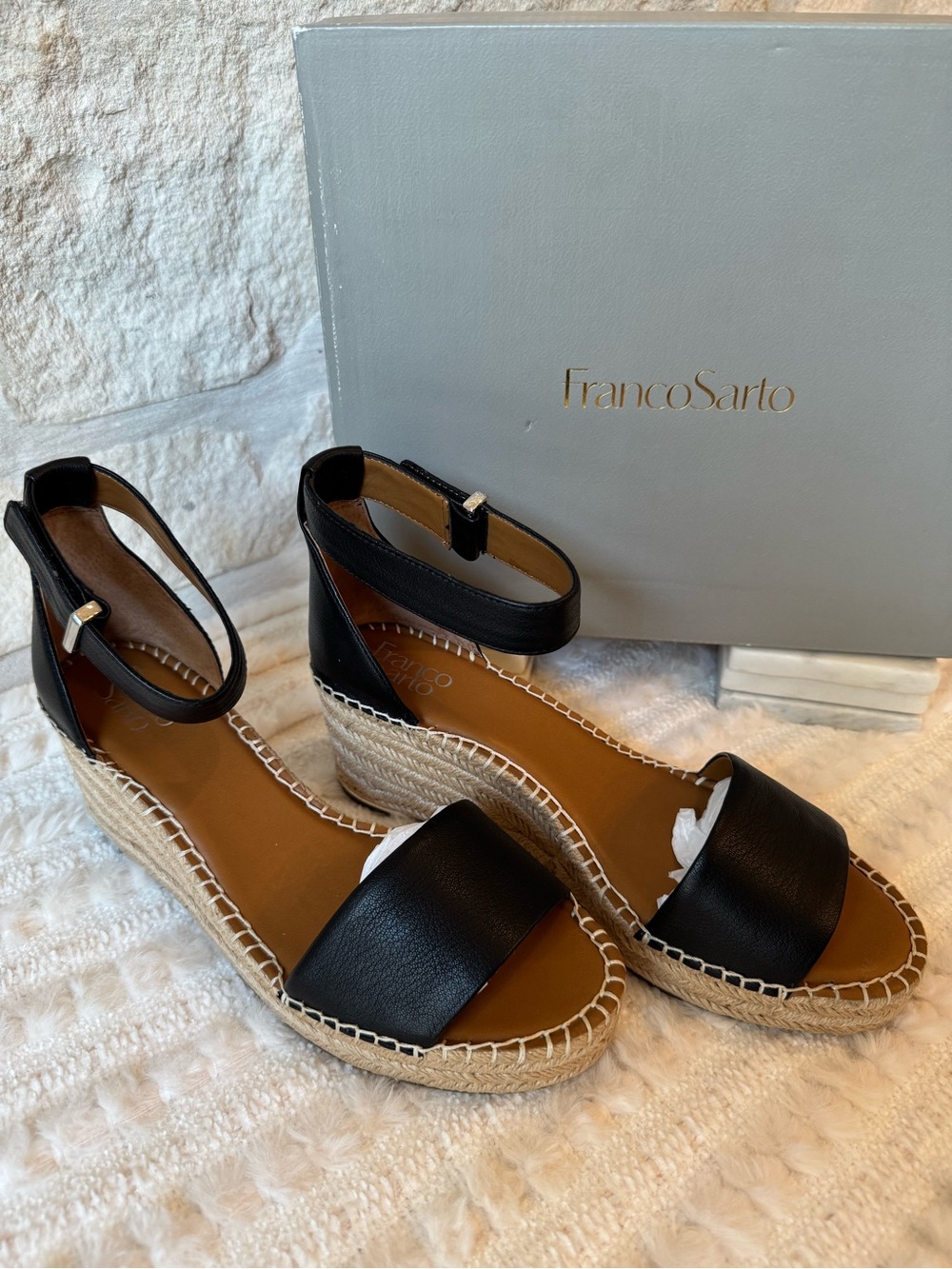 Franco Sarto Black Espadrille Ankle-Strap Wedge Sandals
